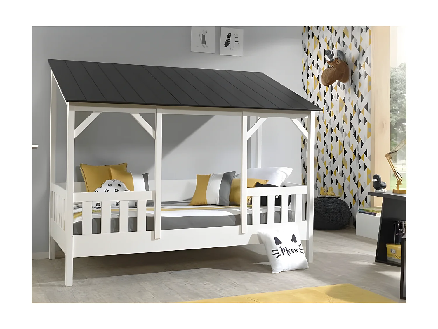 Pack - Lit Cabane Enfant, Sommier & Matelas "Housebed III" 90x200cm Blanc & Noir