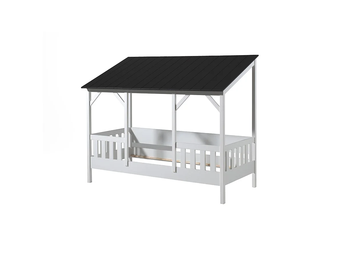 Pack - Lit Cabane Enfant, Sommier & Matelas "Housebed III" 90x200cm Blanc & Noir