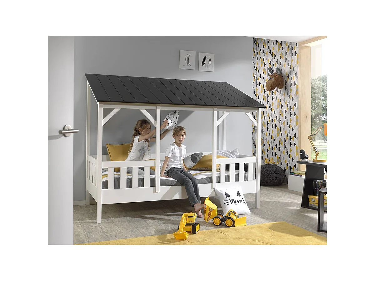 Pack - Lit Cabane Enfant, Sommier & Matelas "Housebed III" 90x200cm Blanc & Noir