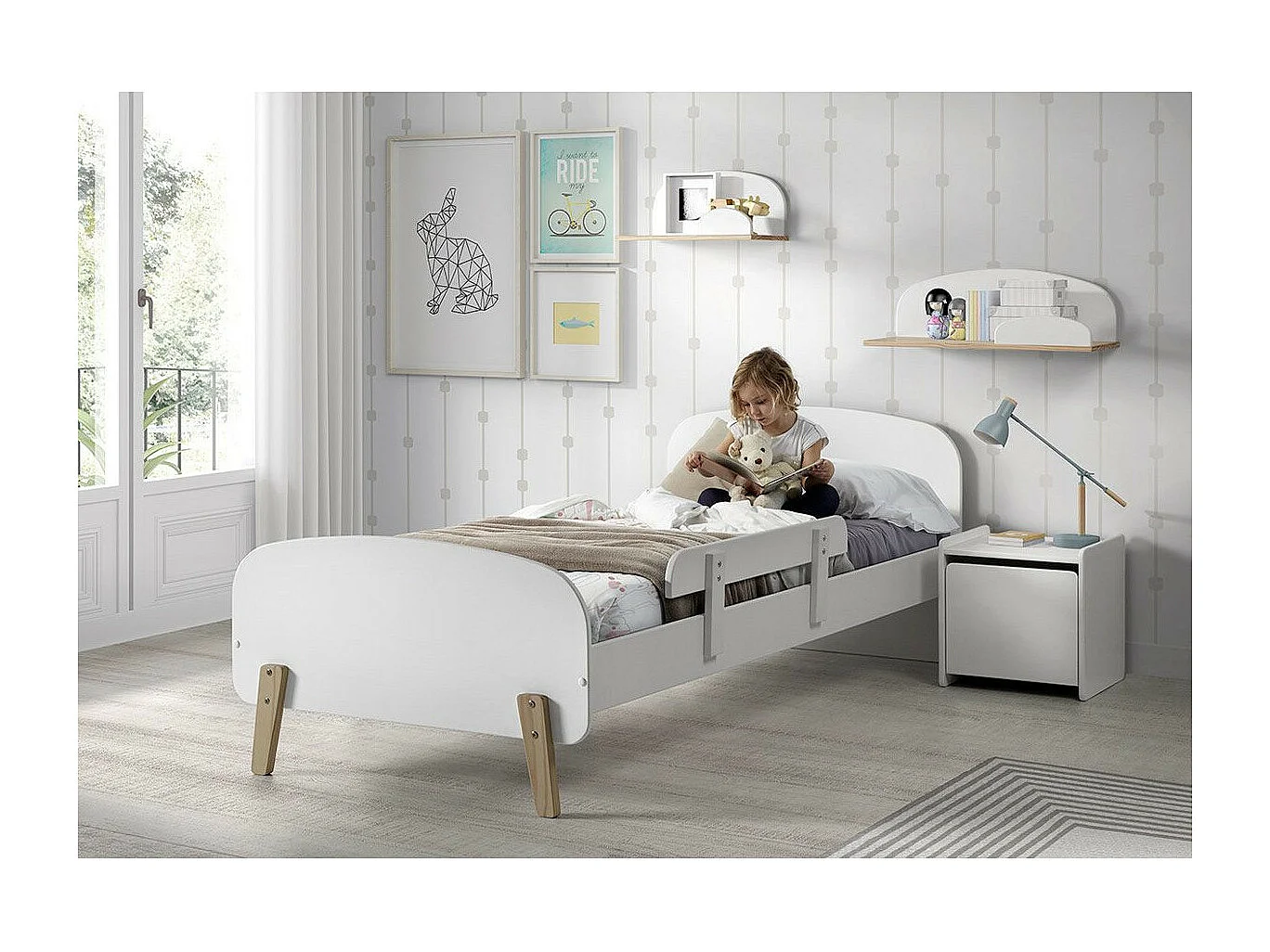 Pack - Lit Enfant, Barrière & Chevet "Kiddy" 90x200cm Blanc