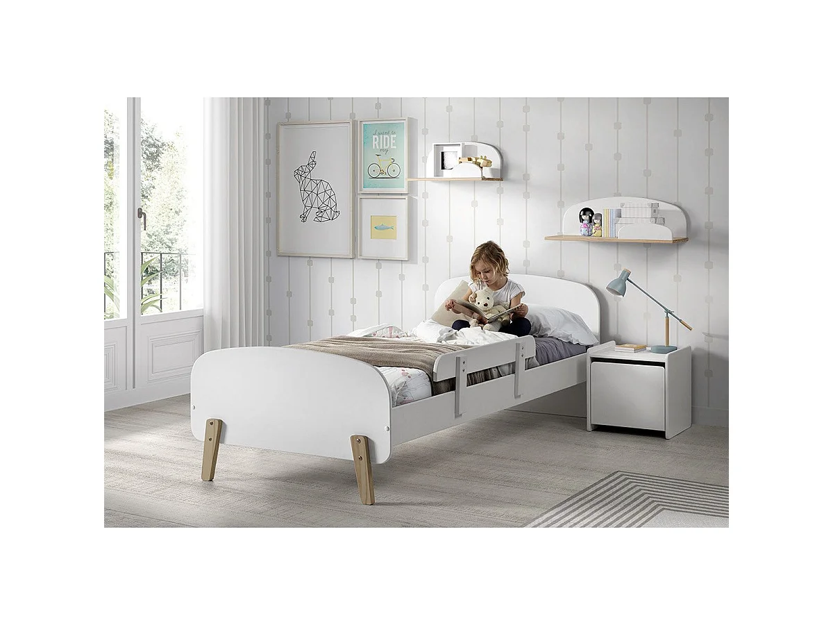 Pack - Lit Enfant, Barrière & Chevet "Kiddy" 90x200cm Blanc