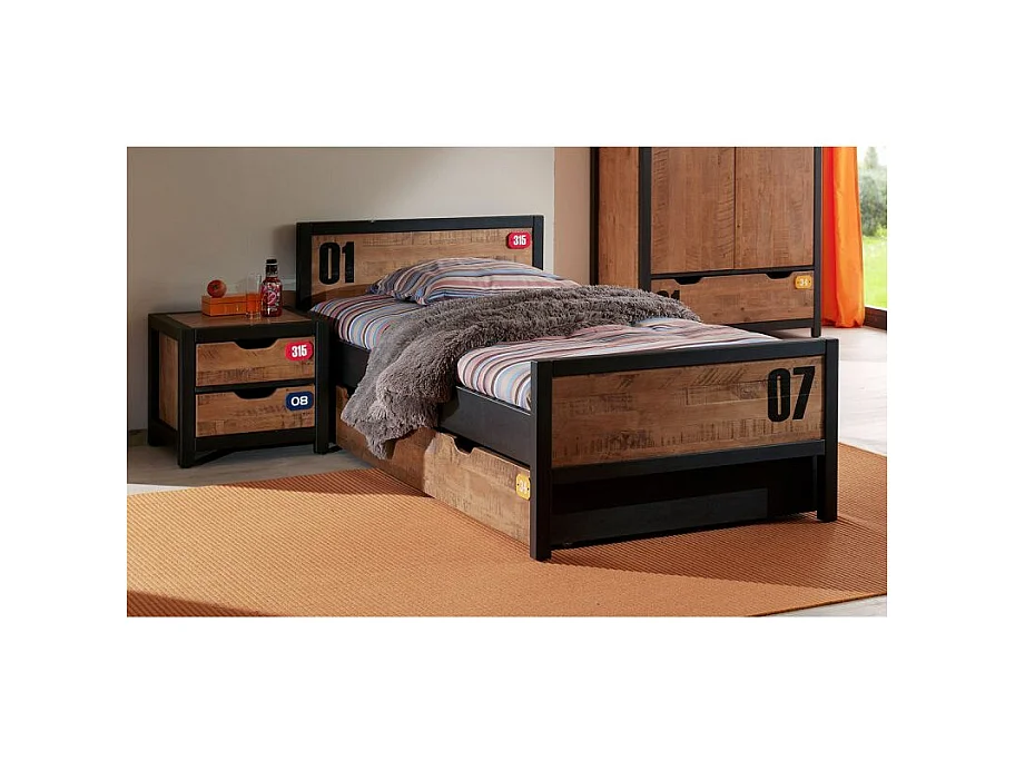Pack - Lit Enfant, Sommier, Tiroir & Chevet "Alex" 90x200cm Marron & Noir