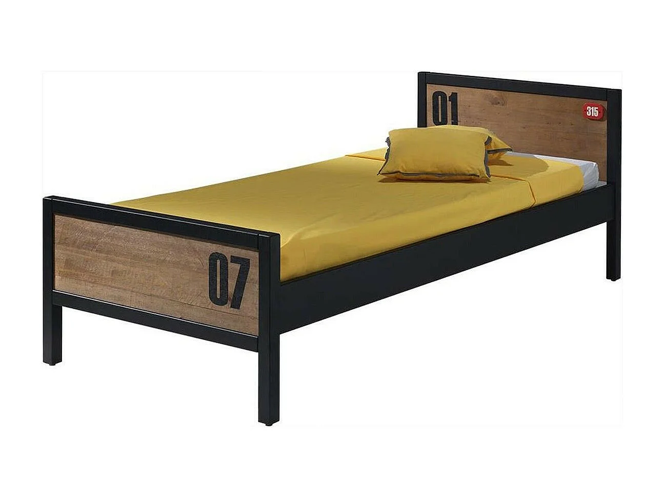 Pack - Lit Enfant, Sommier, Tiroir & Chevet "Alex" 90x200cm Marron & Noir