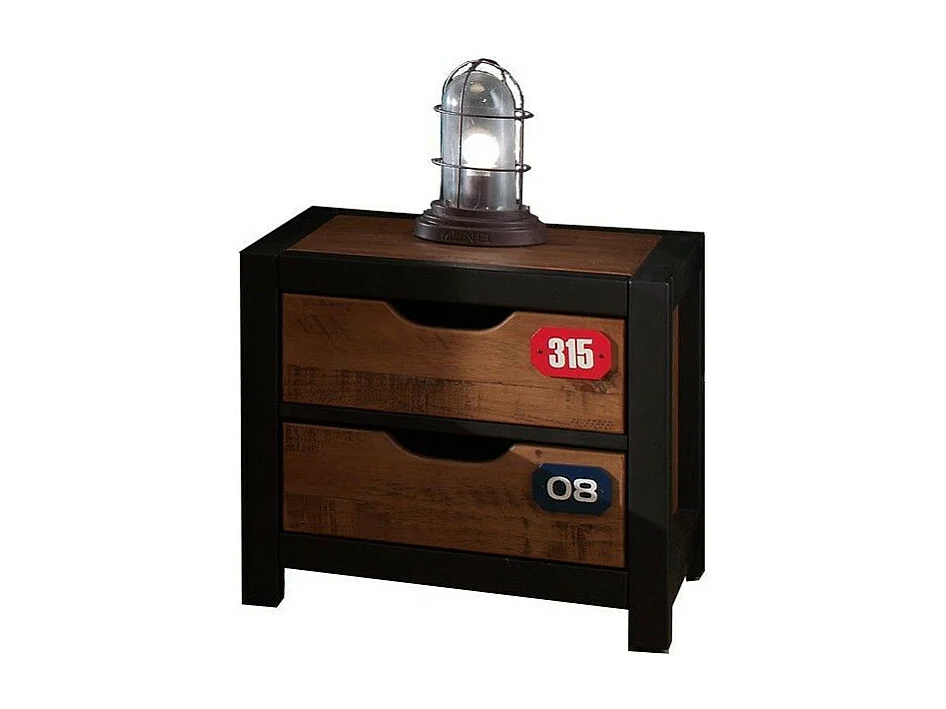 Pack - Lit Enfant, Sommier, Tiroir & Chevet "Alex" 90x200cm Marron & Noir