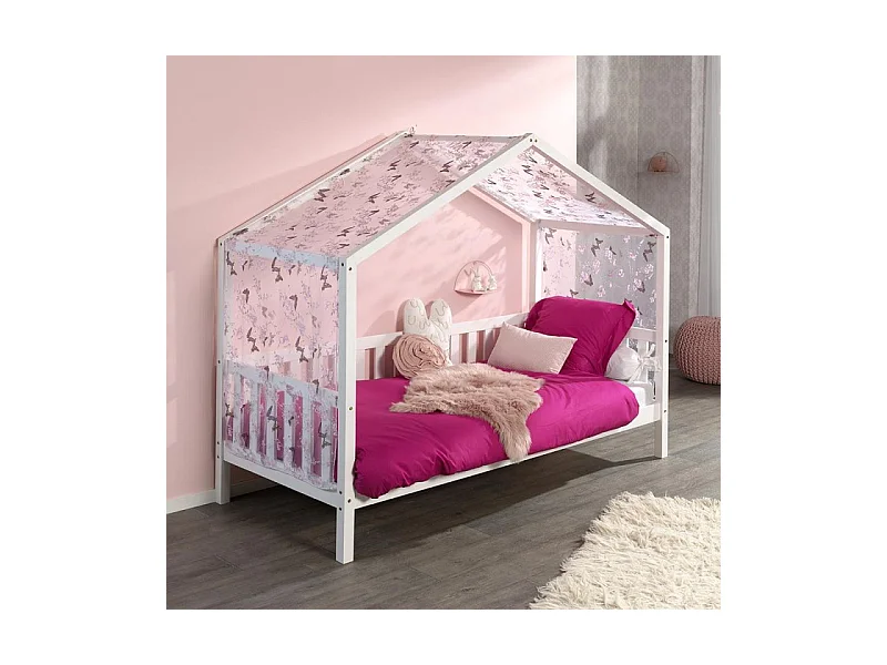 Pack - Lit Enfant Cabane, Barrière & Voile "Dallas II" 90x200cm Blanc
