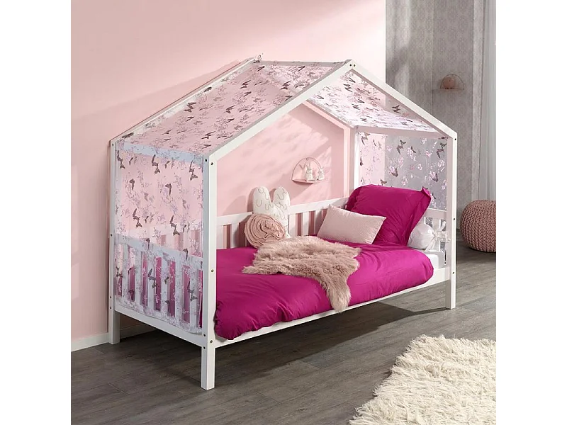 Pack - Lit Enfant Cabane, Barrière & Voile "Dallas II" 90x200cm Blanc