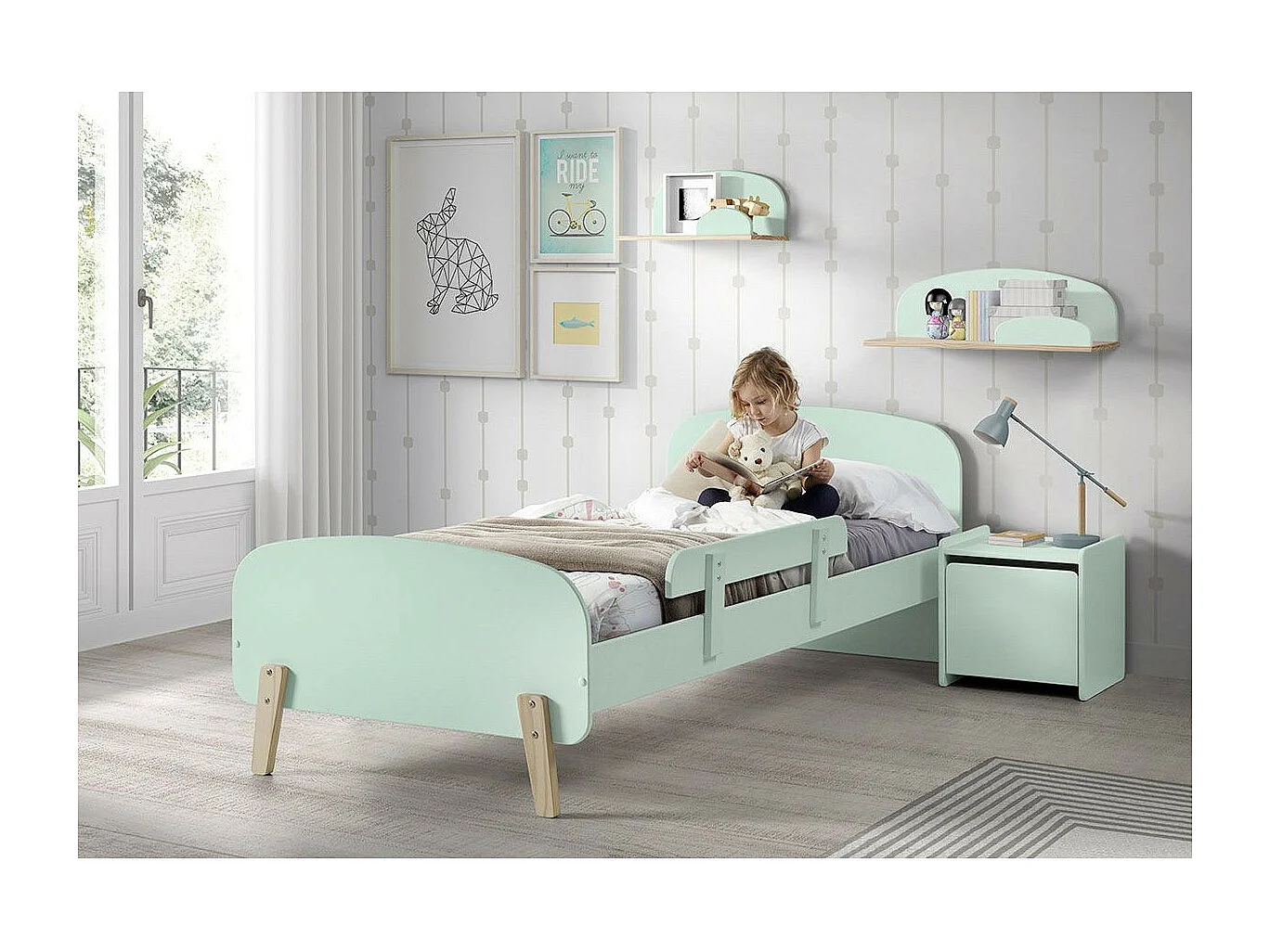 Pack - Lit Enfant, Barrière & Chevet "Kiddy" 90x200cm Vert Menthe