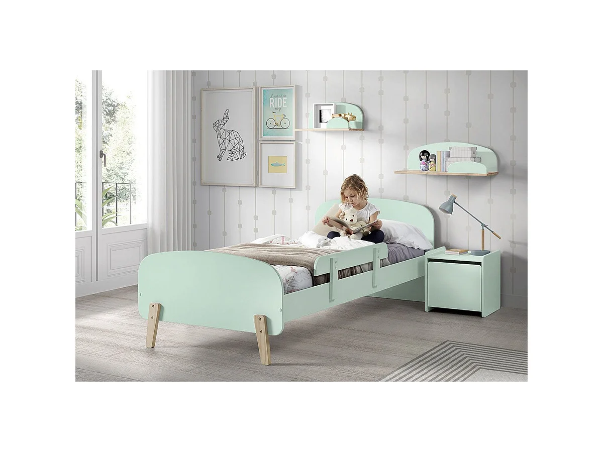 Pack - Lit Enfant, Barrière & Chevet "Kiddy" 90x200cm Vert Menthe