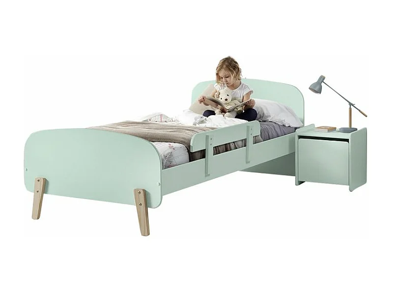 Pack - Lit Enfant, Barrière & Chevet "Kiddy" 90x200cm Vert Menthe