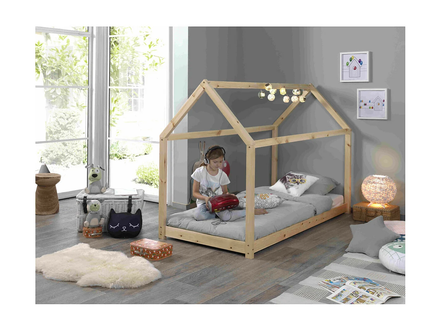 Lit Enfant & Matelas "Cabane" 90x200cm Naturel