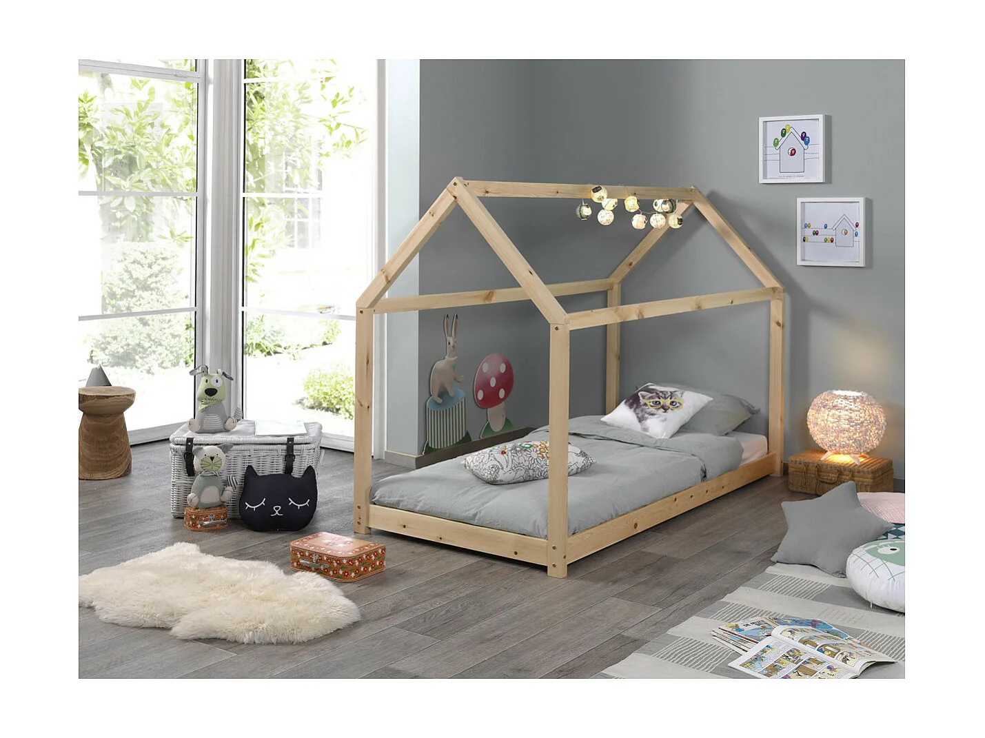 Lit Enfant & Matelas "Cabane" 90x200cm Naturel