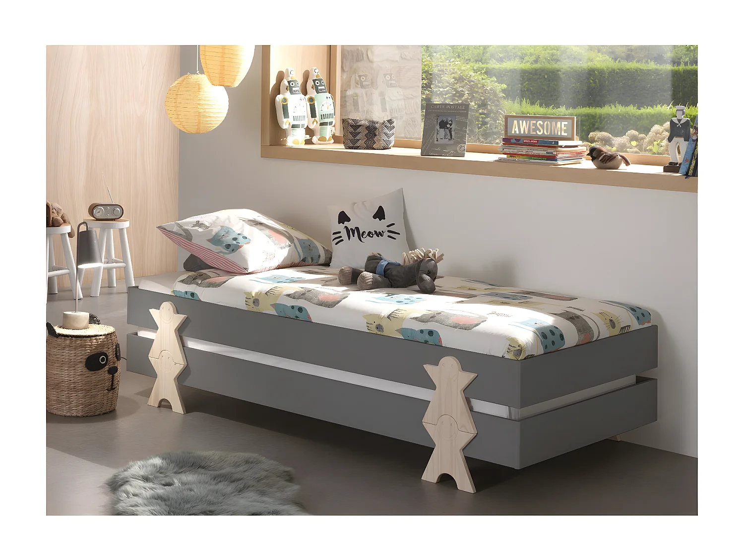 Lit Enfant en Bois "Modulo Smiley III" 90x200cm Gris