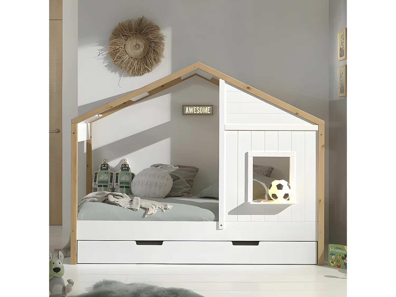 Pack - Lit Cabane & Tiroir "Babs II" 90x200cm Blanc