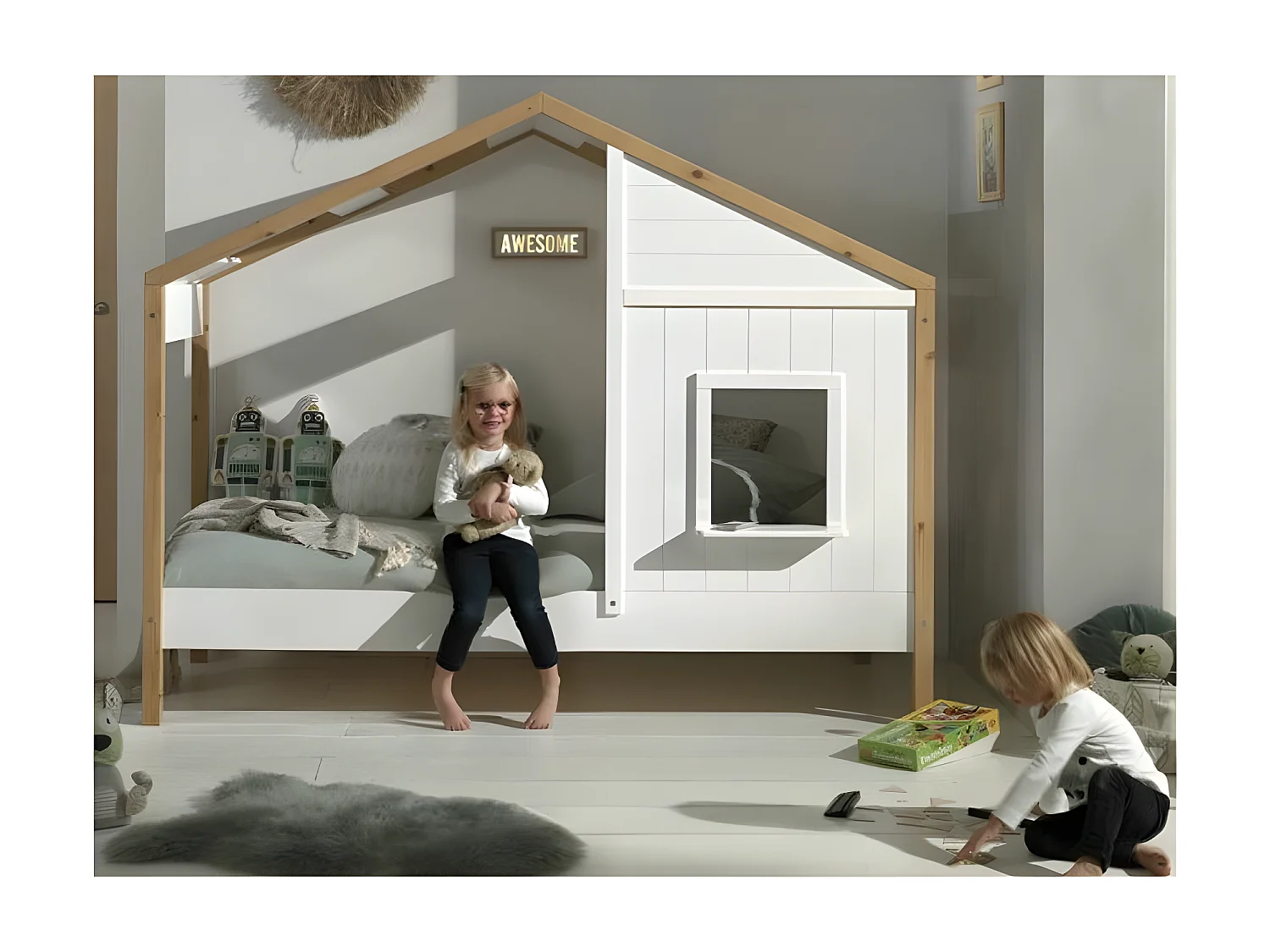 Pack - Lit Cabane & Tiroir "Babs II" 90x200cm Blanc