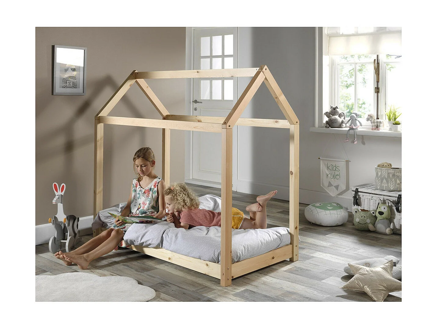 Lit Enfant & Matelas "Cabane" 70x140cm Naturel