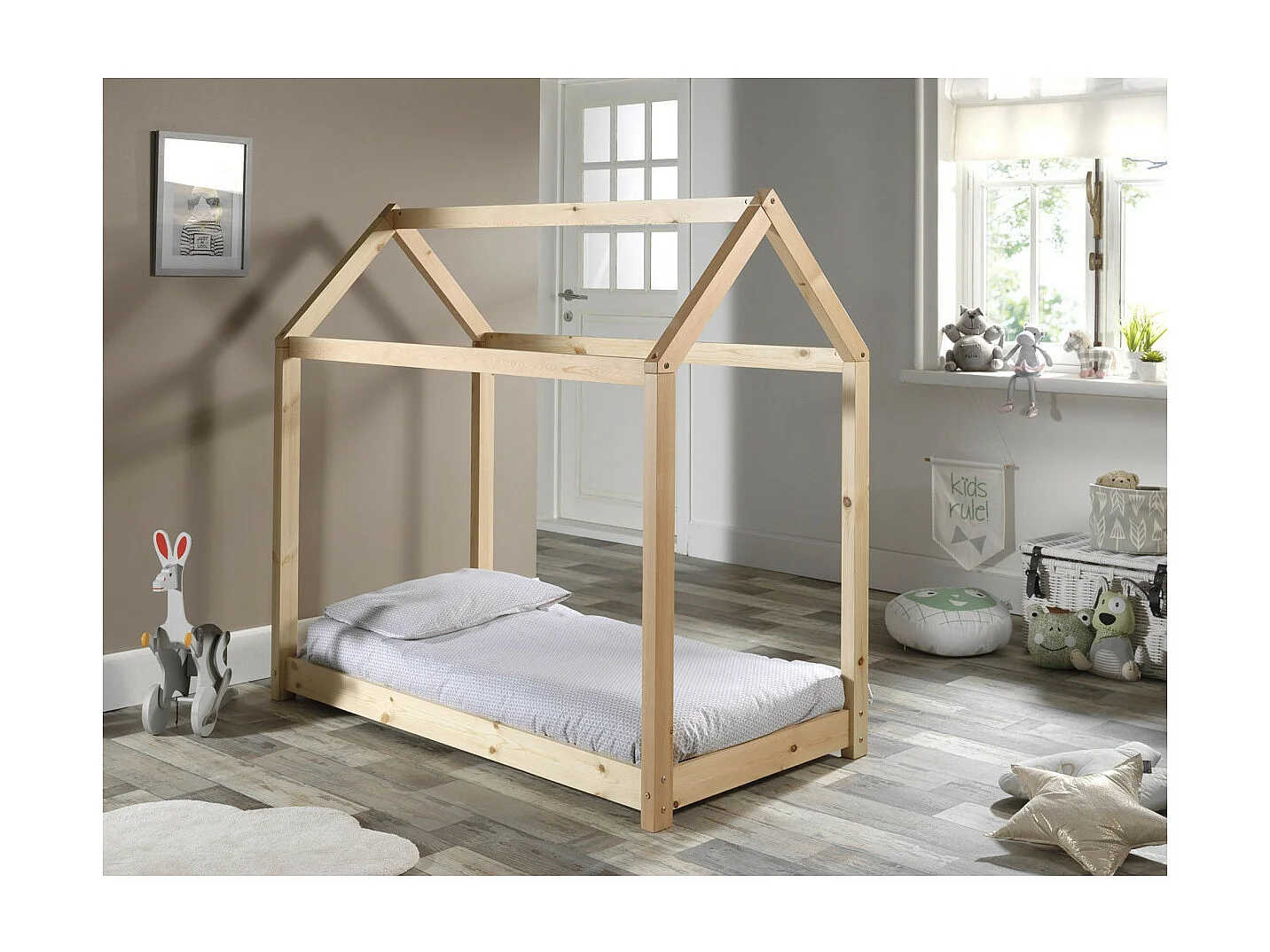 Lit Enfant & Matelas "Cabane" 70x140cm Naturel