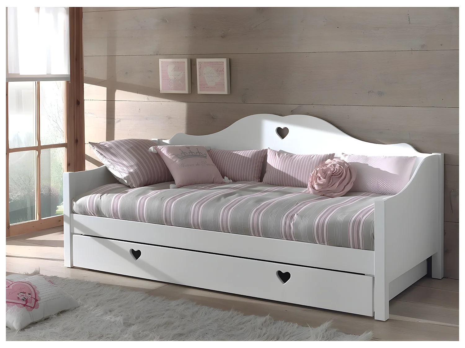 Pack - Lit Banquette Enfant, Sommier & Tiroir "Amori" 90x200cm Blanc