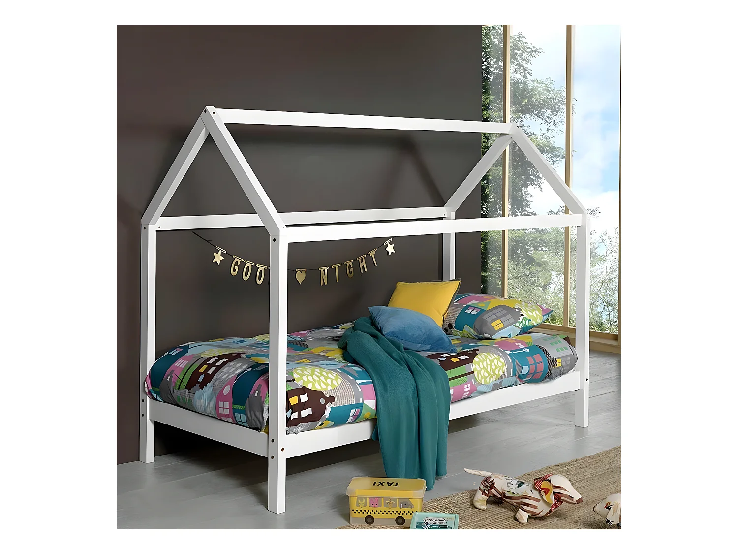 Pack - Lit Cabane Enfant & Matelas "Dallas" 90x200cm Blanc