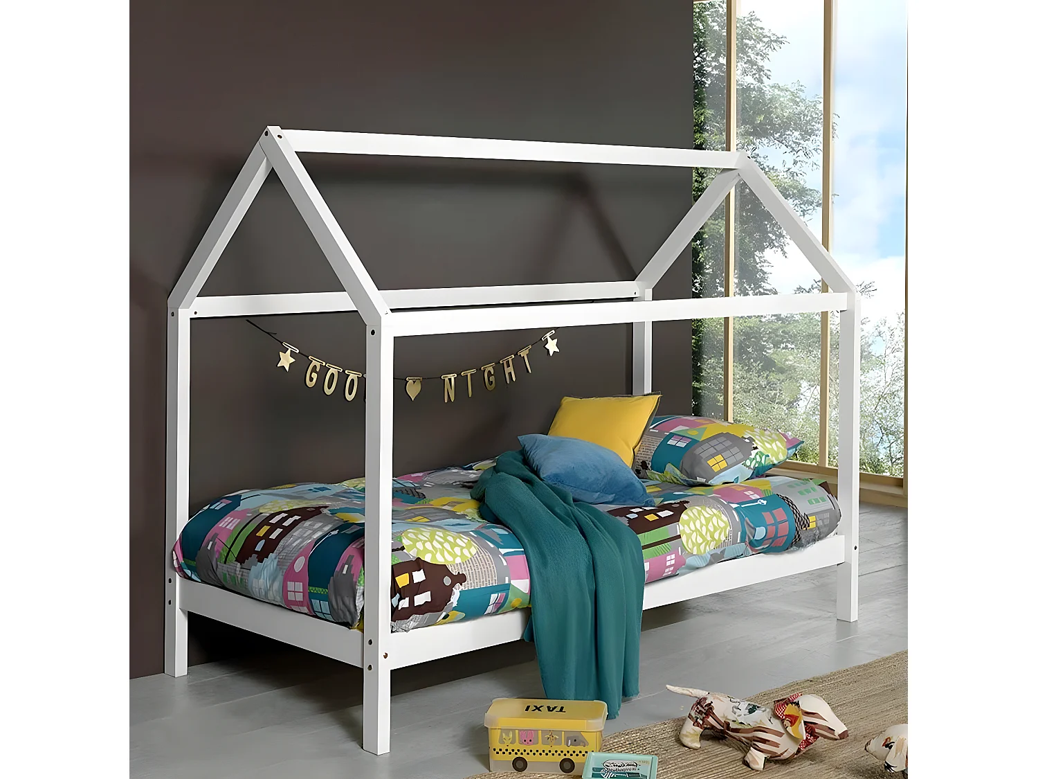 Pack - Lit Cabane Enfant & Matelas "Dallas" 90x200cm Blanc