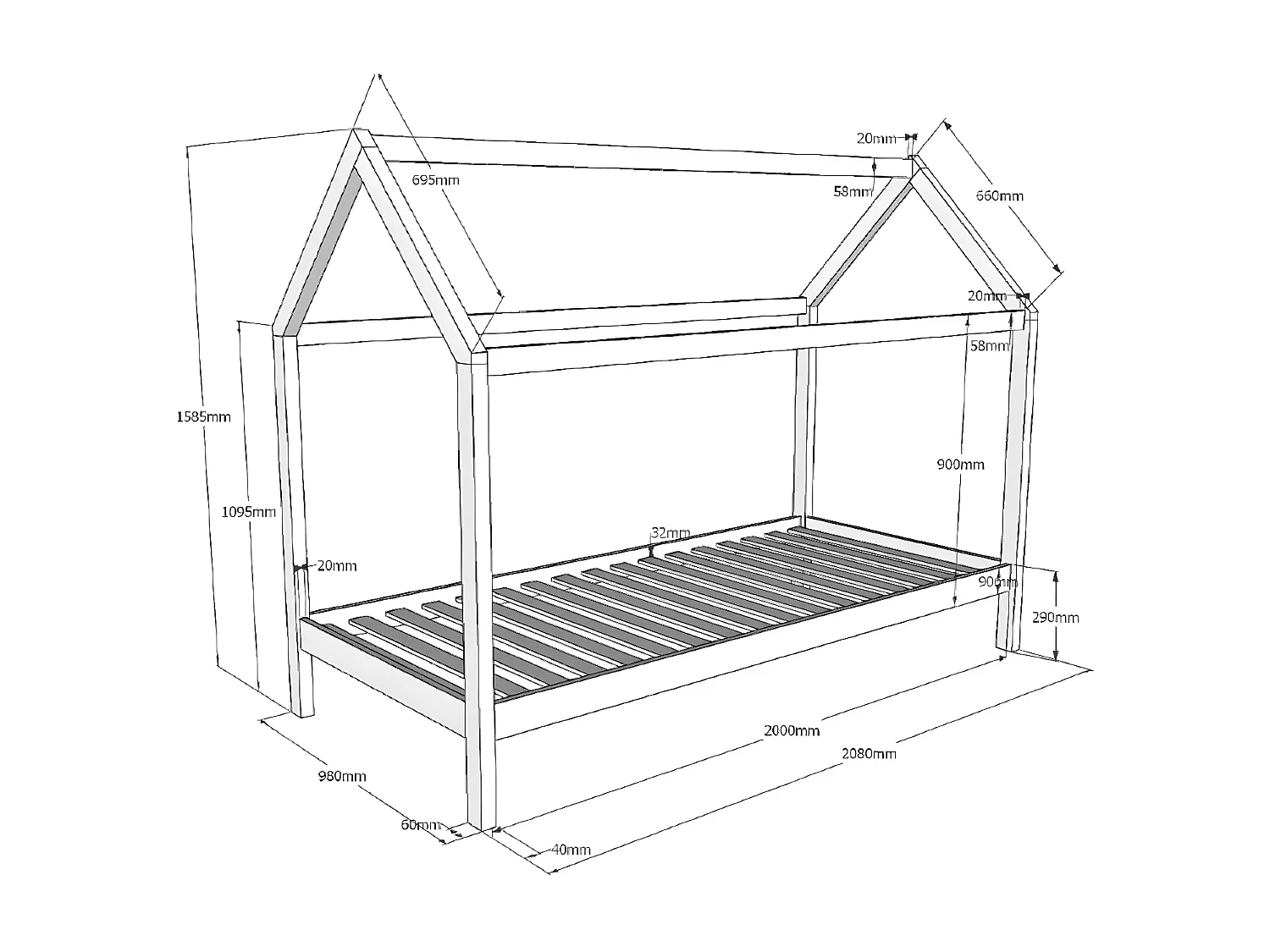 Pack - Lit Cabane Enfant & Matelas "Dallas" 90x200cm Blanc