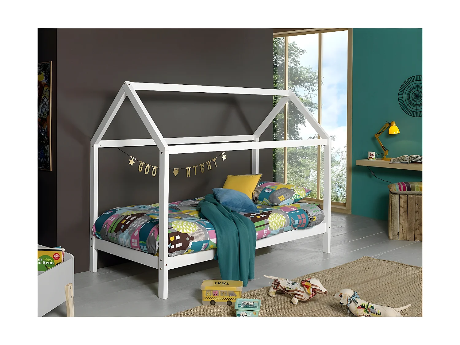 Pack - Lit Cabane Enfant & Matelas "Dallas" 90x200cm Blanc