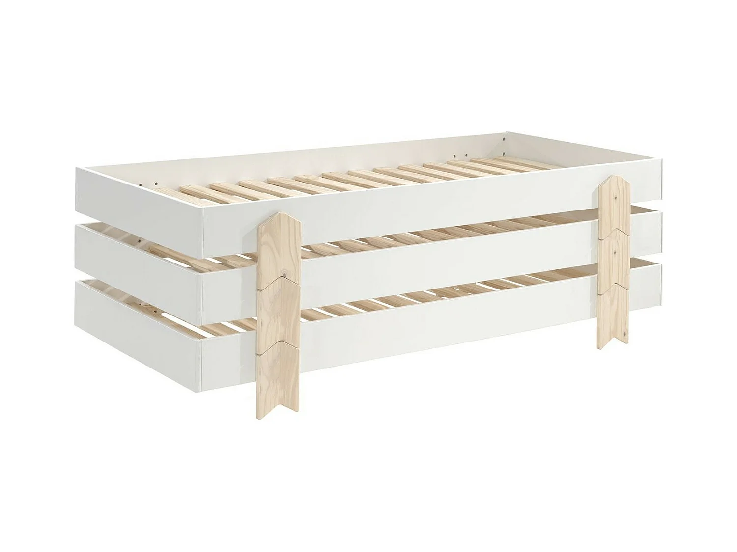 Set van 3 stapelbare bedden in wit massief grenen en licht hout Ridulo 90x200 cm