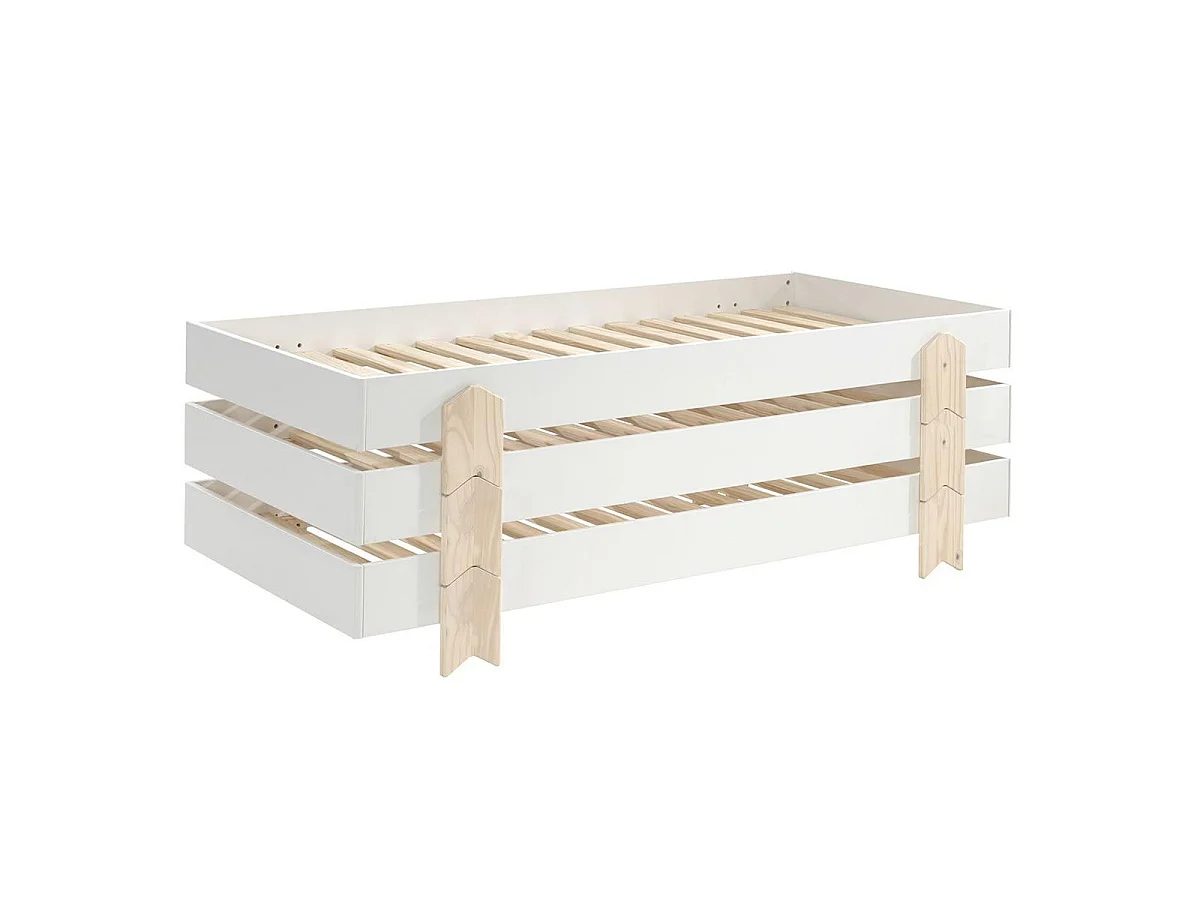 Set van 3 stapelbare bedden in wit massief grenen en licht hout Ridulo 90x200 cm