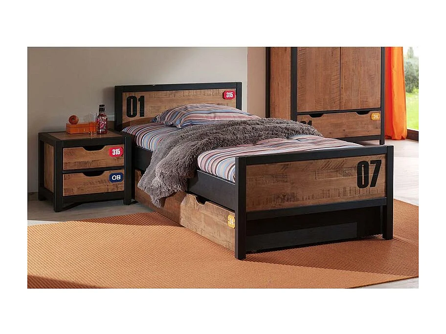 Pack - Lit Enfant, Chevet & Tiroir "Alex" 90x200cm Marron & Noir