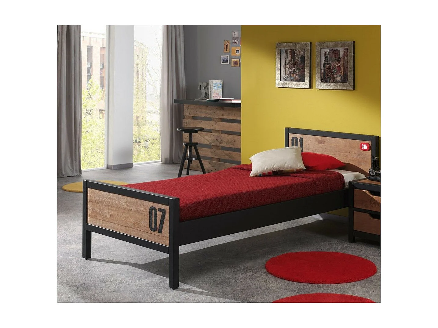 Pack - Lit Enfant, Chevet & Tiroir "Alex" 90x200cm Marron & Noir