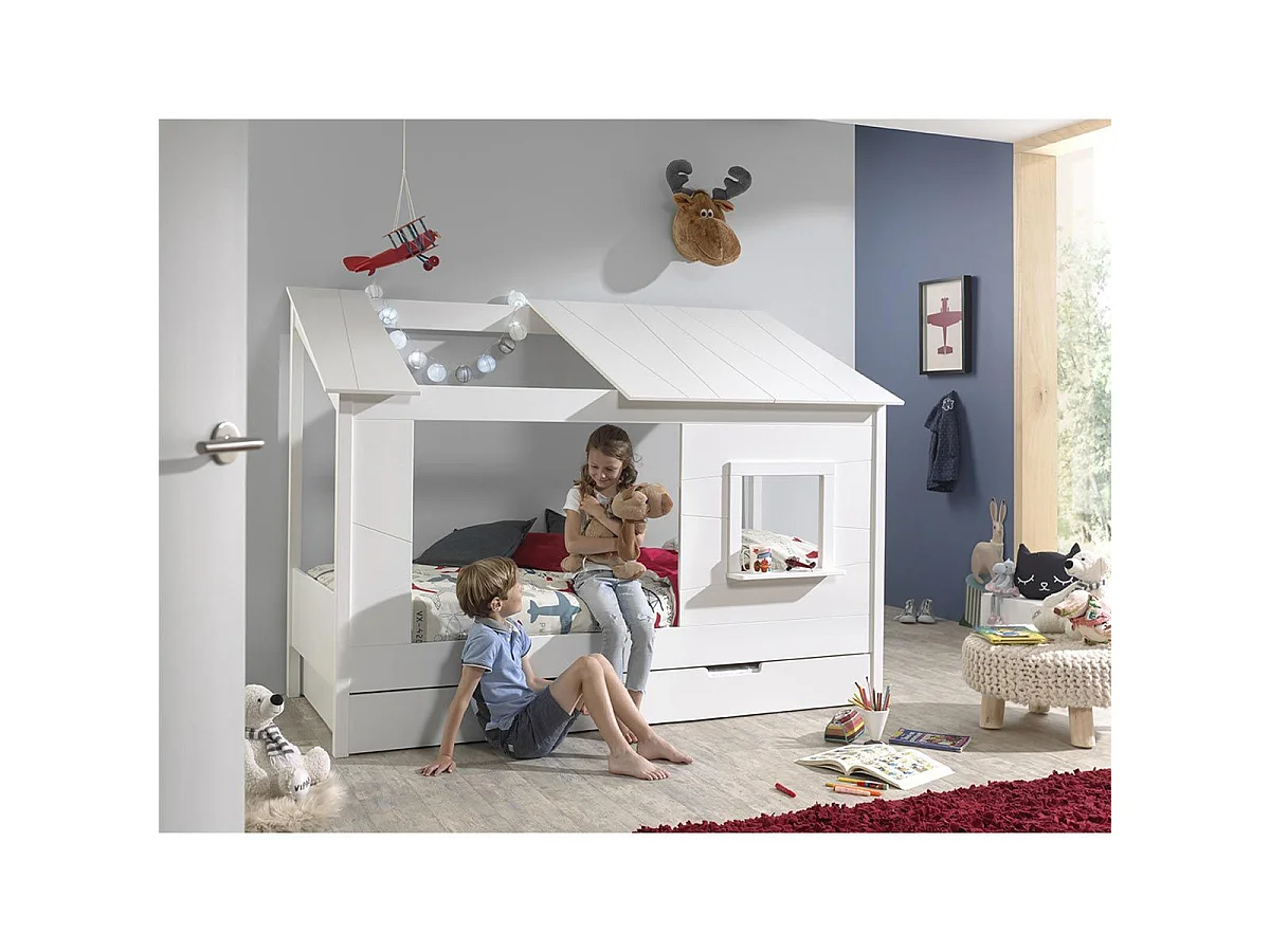 Pack - Lit Cabane Enfant & Tiroir "Housebed II" 90x200cm Blanc