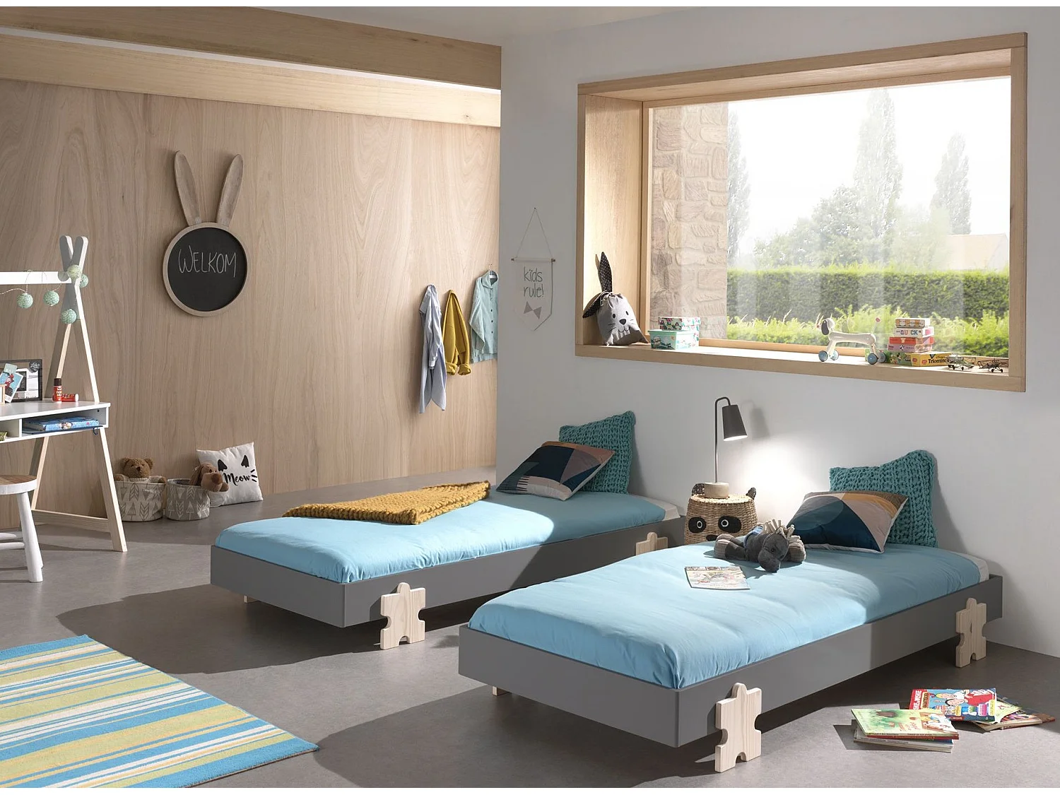 Set van 2 stapelbare bedden in massief grijs grenen en licht hout Valentino 90x200 cm