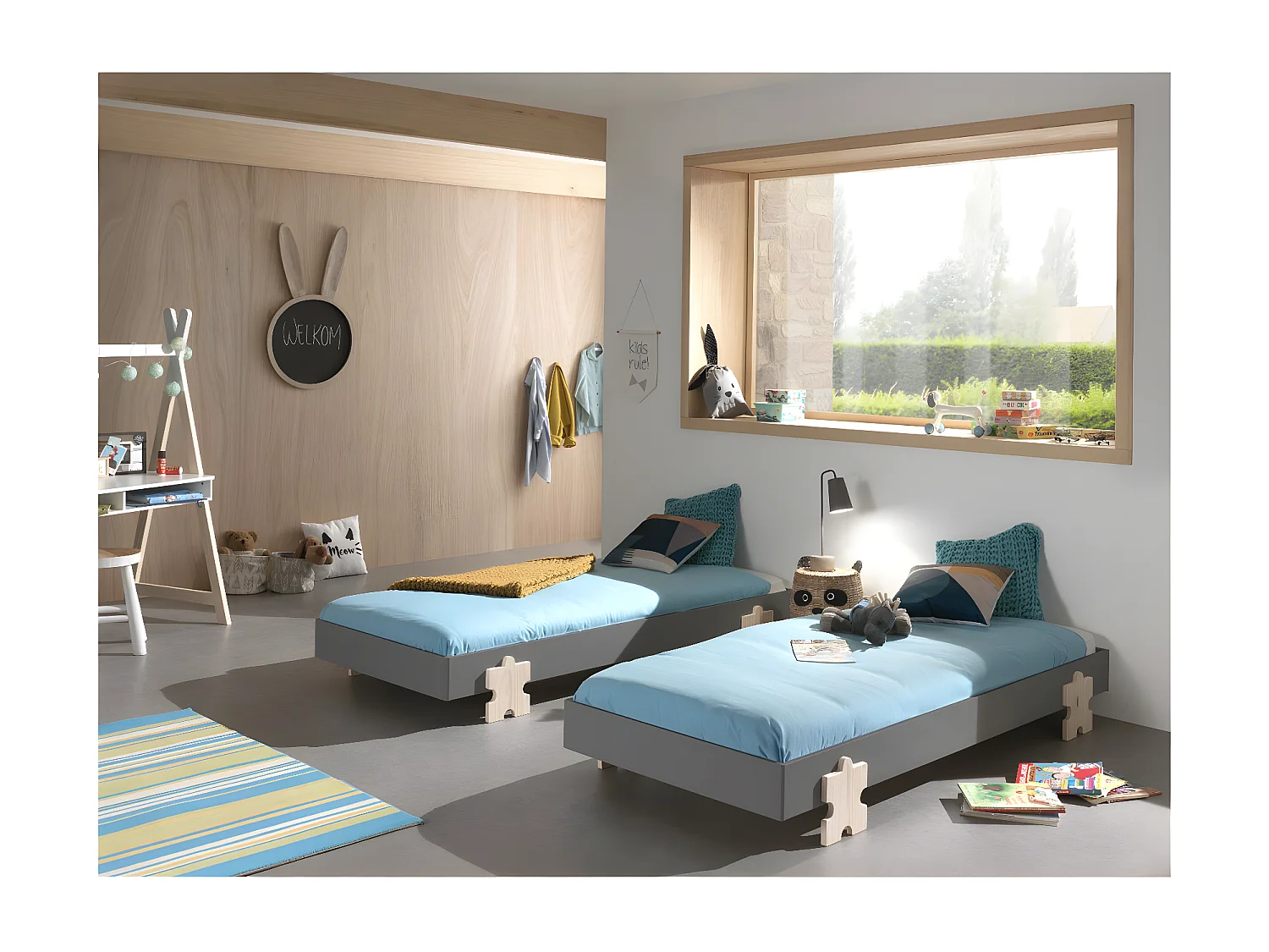 Set van 2 stapelbare bedden in massief grijs grenen en licht hout Valentino 90x200 cm