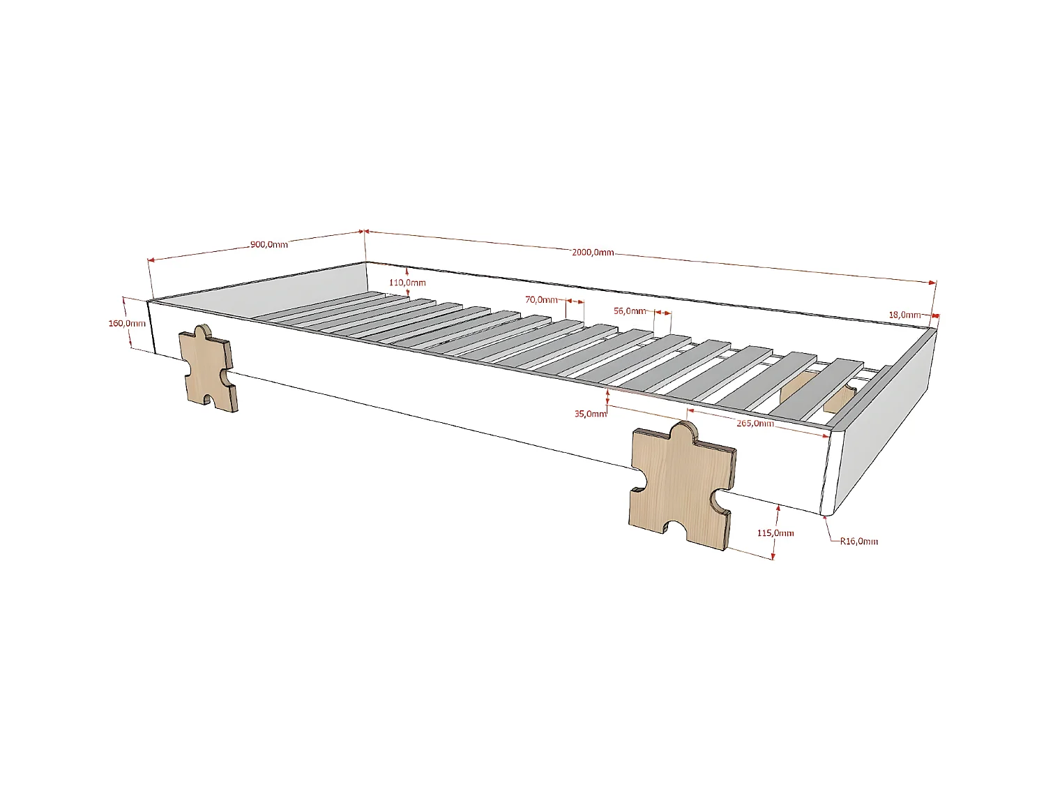 Lit Enfant en Bois "Modulo Puzzle II" 90x200cm Gris