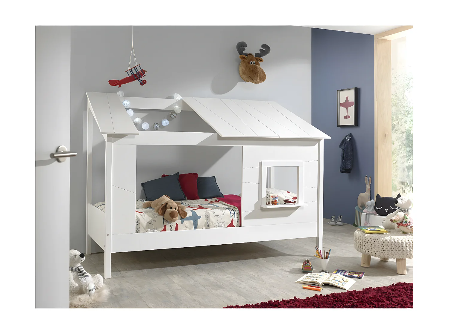 Pack - Lit Cabane Enfant, Sommier & Matelas "Housebed II" 90x200cm Blanc