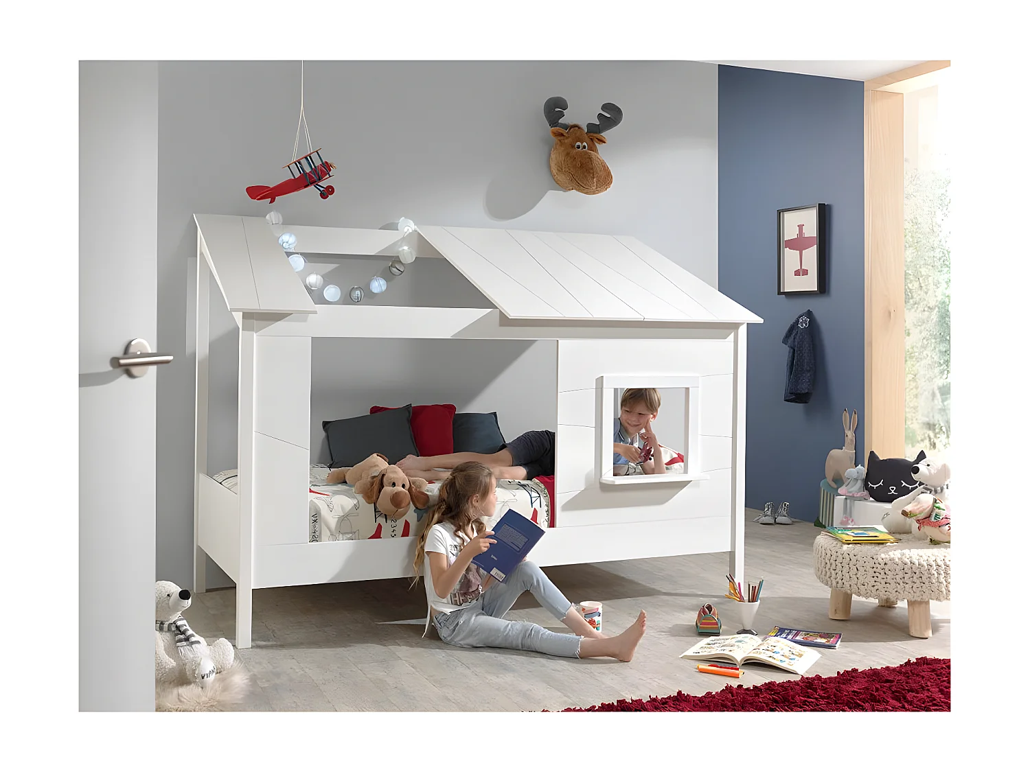 Pack - Lit Cabane Enfant, Sommier & Matelas "Housebed II" 90x200cm Blanc