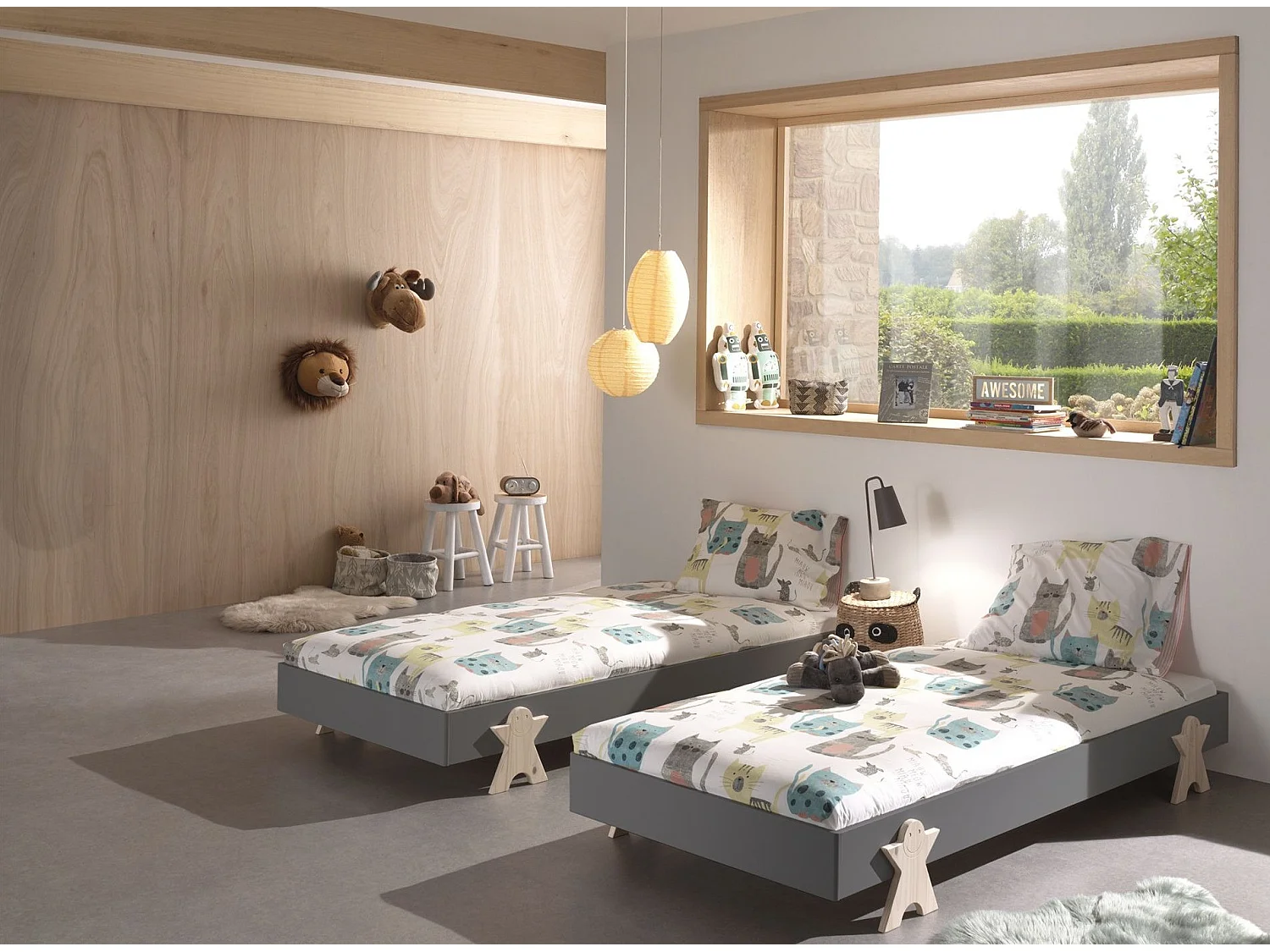 Set van 2 stapelbare bedden massief grijs grenen en licht hout Fernando 90x200 cm