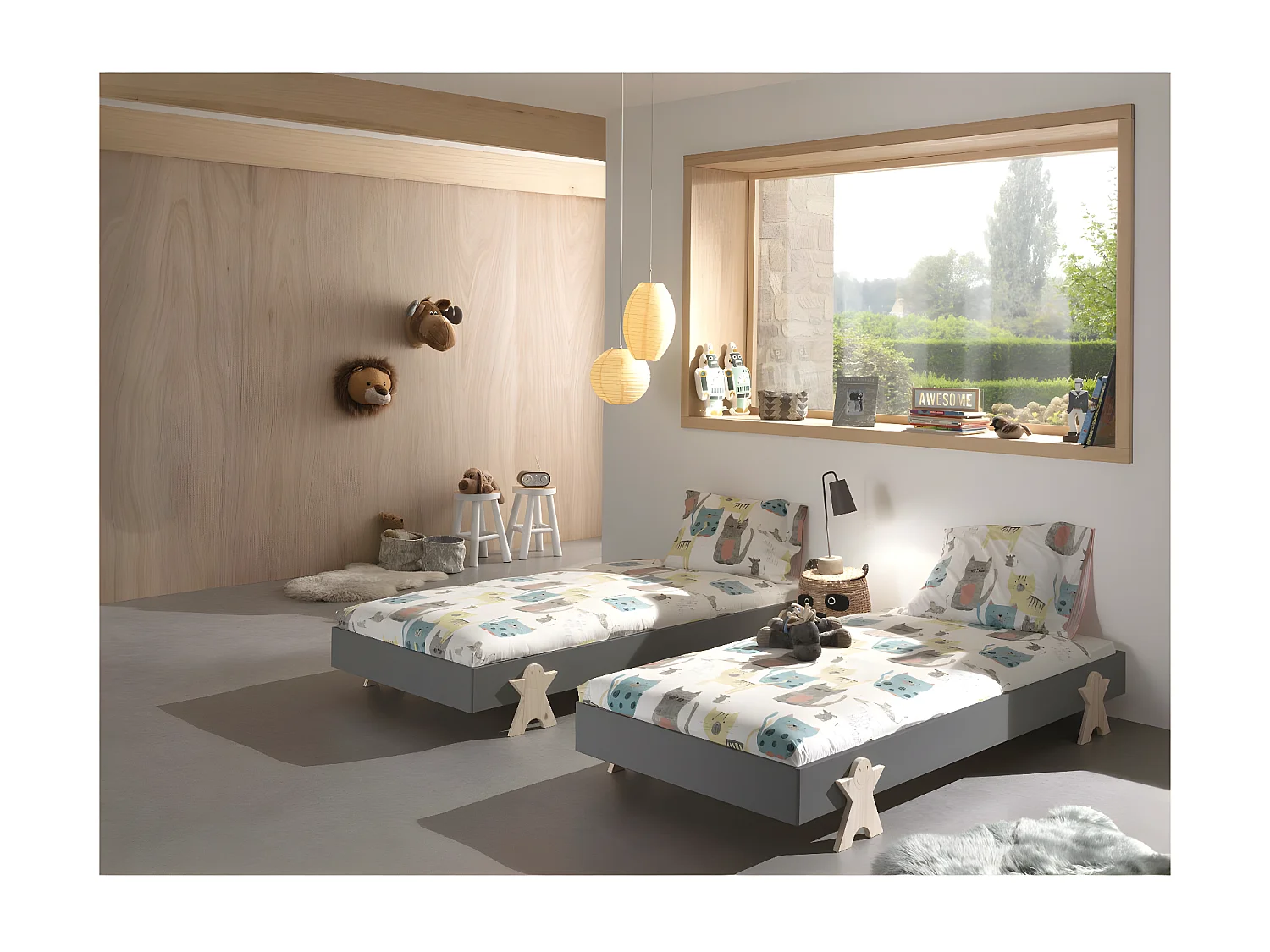 Set van 2 stapelbare bedden massief grijs grenen en licht hout Fernando 90x200 cm