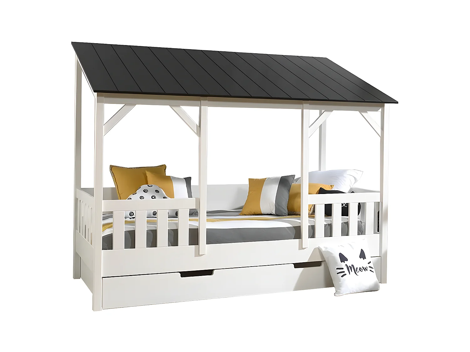 Pack - Lit Cabane Enfant & Tiroir "Housebed III" 90x200cm Blanc & Noir