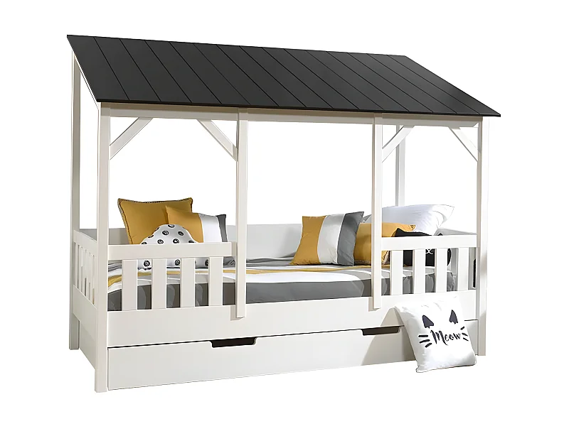 Pack - Lit Cabane Enfant & Tiroir "Housebed III" 90x200cm Blanc & Noir