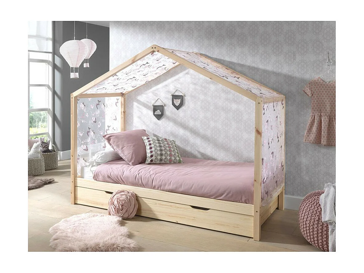 Lit Enfant Cabane & Voile "Dallas II" 90x200cm Naturel