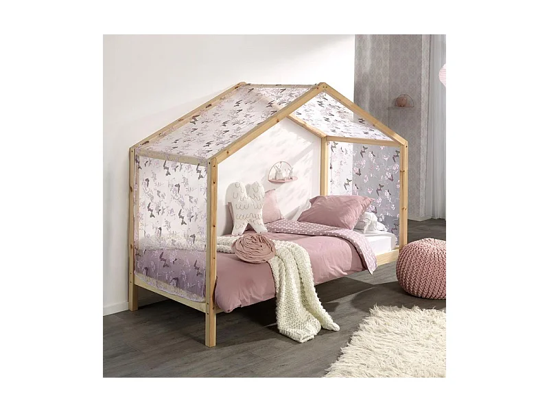 Lit Enfant Cabane & Voile "Dallas II" 90x200cm Naturel