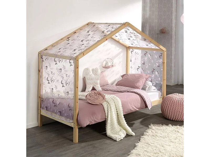 Lit Enfant Cabane & Voile "Dallas II" 90x200cm Naturel