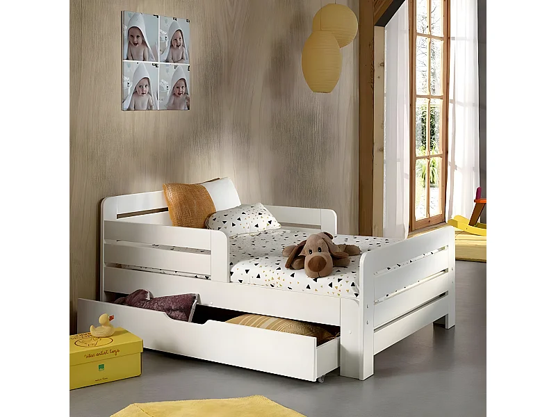 Pack - Lit Évolutif Enfant, Tiroir & Matelas "Jumper" 90x140cm Blanc