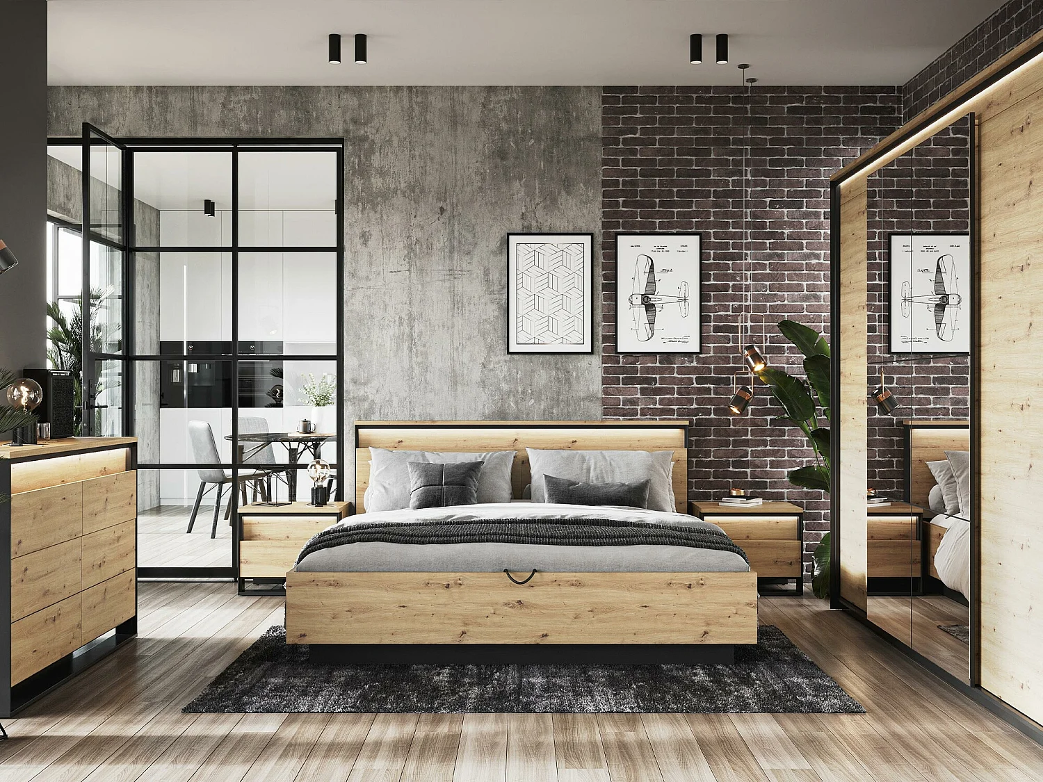 Lit Luliru 112, Double, Brun clair, 180x200, Stratifié, Disponible, 190x214x95cm