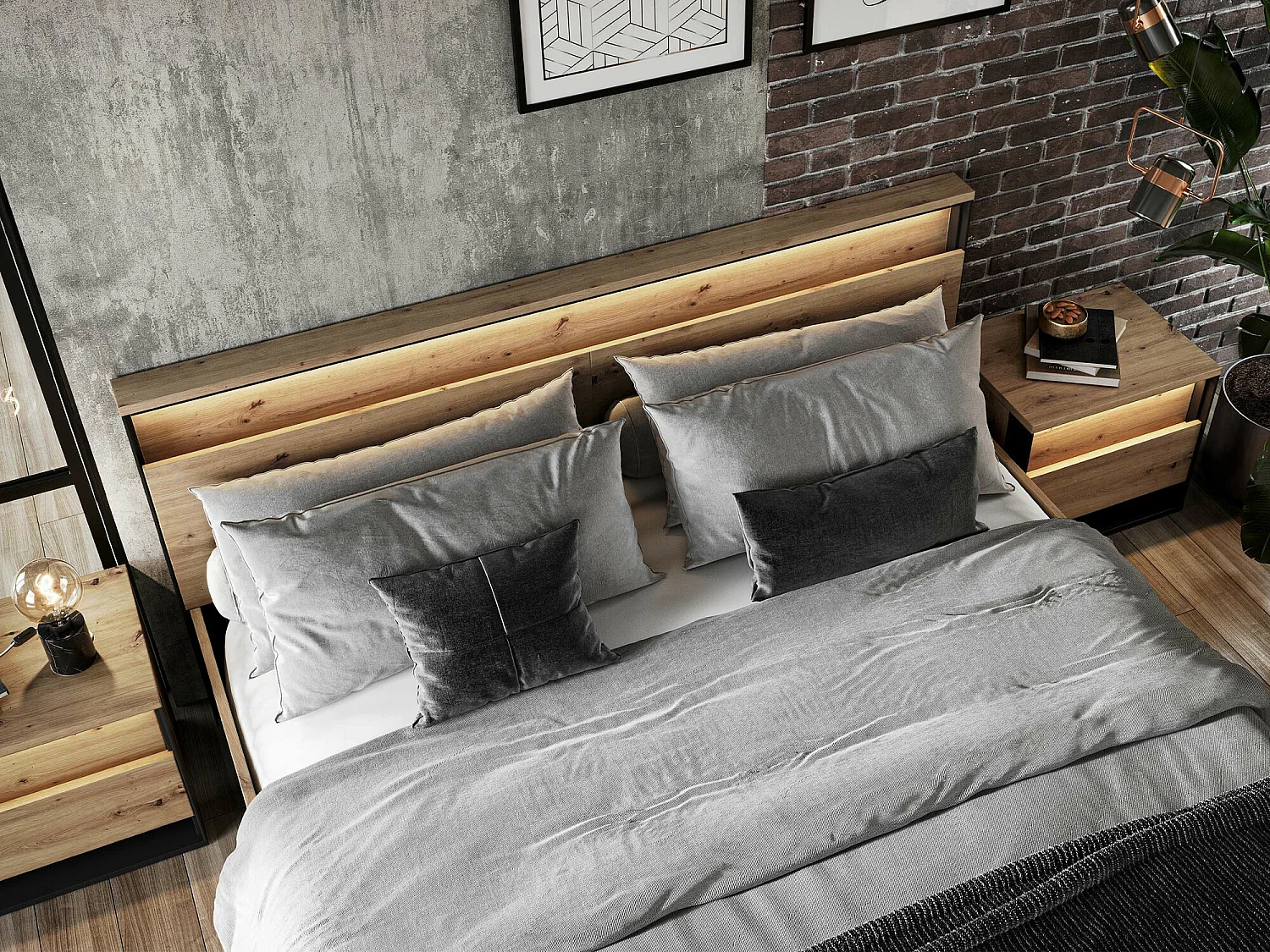 Lit Luliru 112, Double, Brun clair, 180x200, Stratifié, Disponible, 190x214x95cm