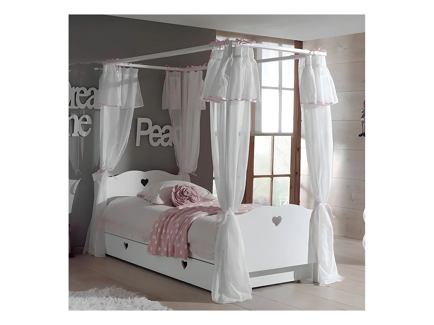 Pack - Lit à Baldaquin Enfant, Sommier, Tiroir & Voile "Amori" 90x200cm Blanc