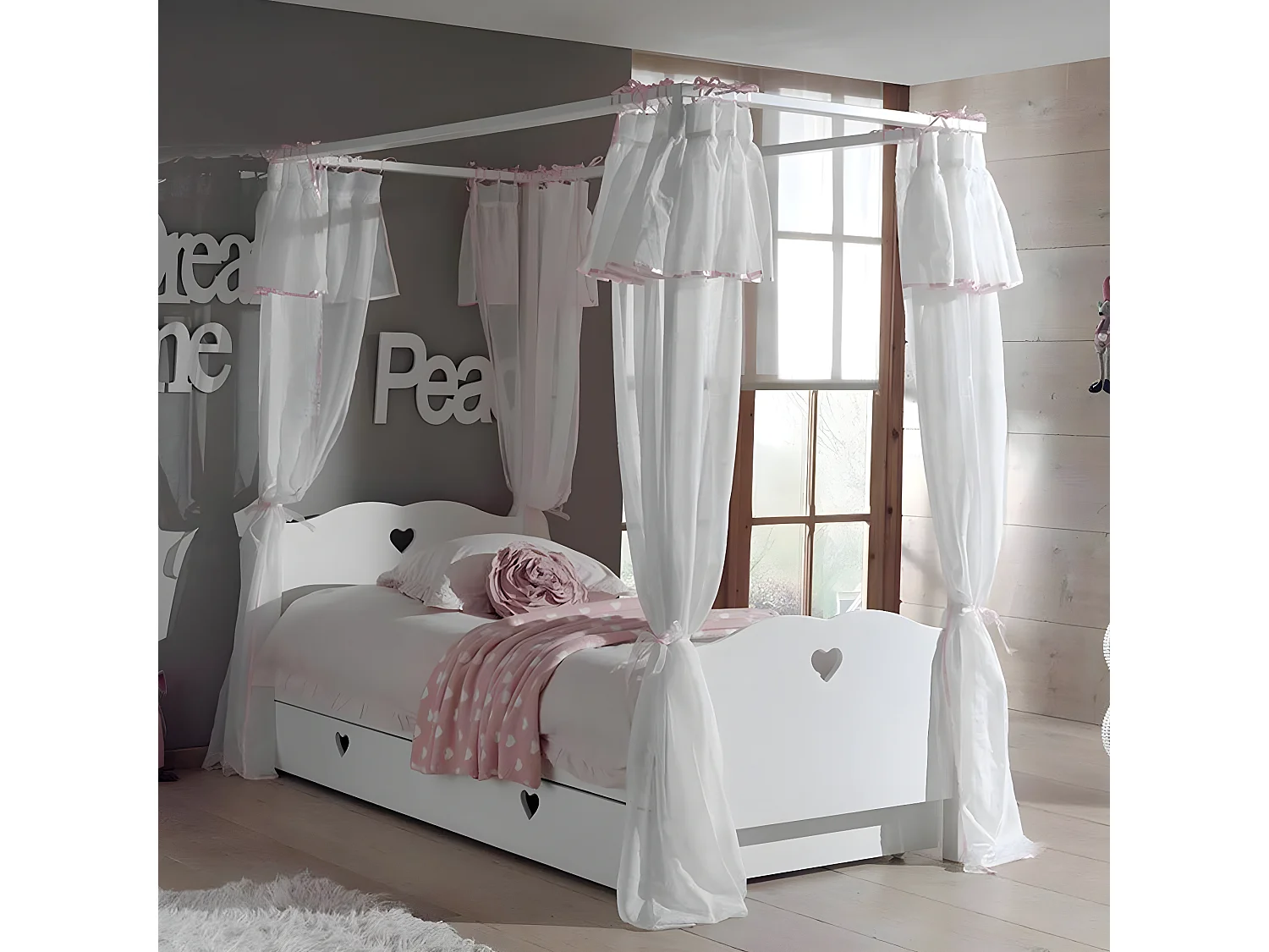 Pack - Lit à Baldaquin Enfant, Sommier, Tiroir & Voile "Amori" 90x200cm Blanc