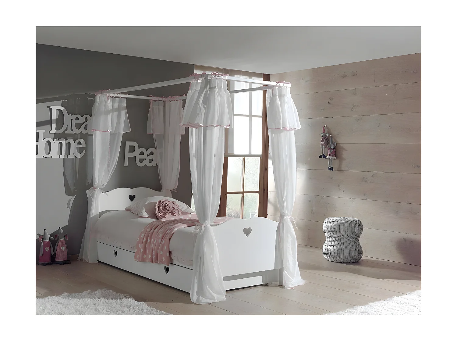 Pack - Lit à Baldaquin Enfant, Sommier, Tiroir & Voile "Amori" 90x200cm Blanc