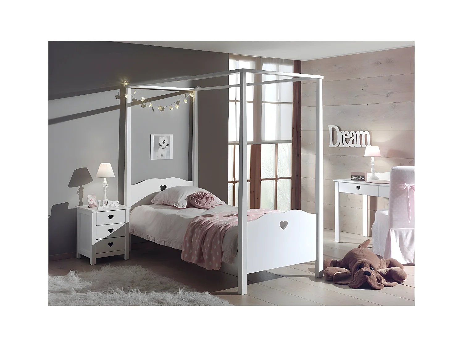 Pack - Lit à Baldaquin Enfant & Chevet "Amori" 90x200cm Blanc