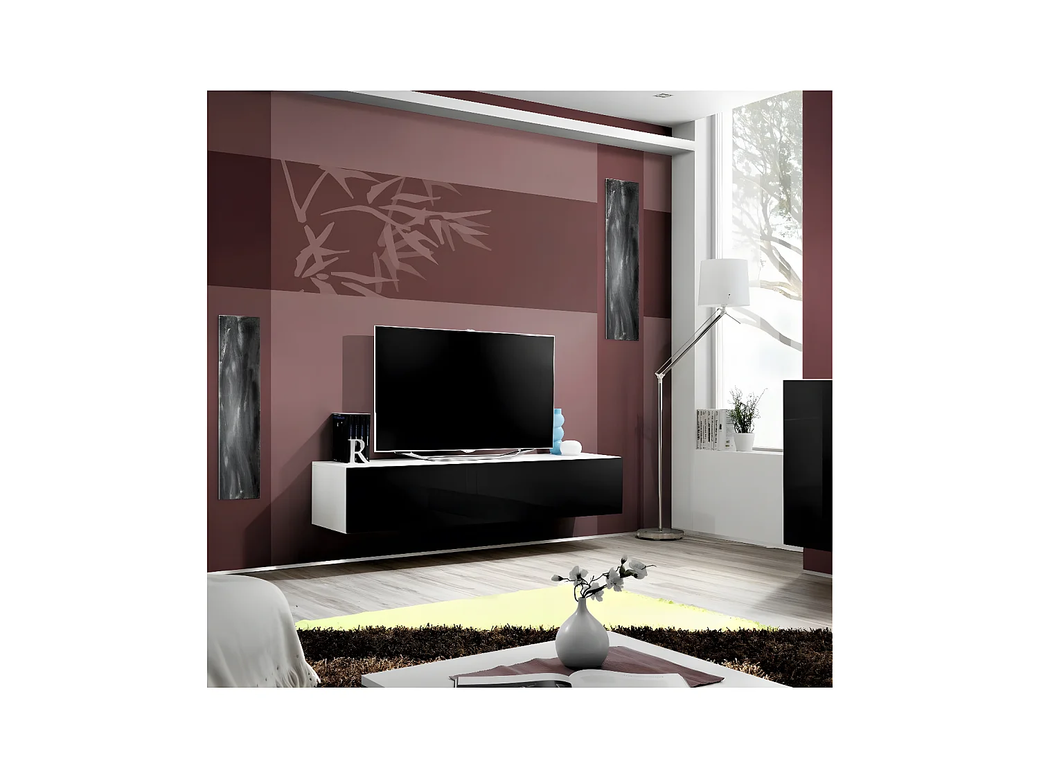Meuble TV Mural Design "Fly I" 160cm Noir & Blanc